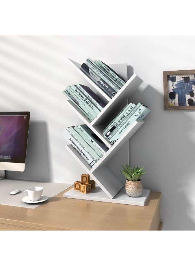 بيوينتي رف كتب مكتبي، رف كتب صغير لسطح المكتب، خزانة كتب قائمة على الأرض باللون الأبيض، منظّم كتب خشبي للمكتب، خزانات كتب صغيرة للمكتب/المنزل/المدرسة لعرض الأقراص المضغوطة والمجلات - أبيض - Image 3